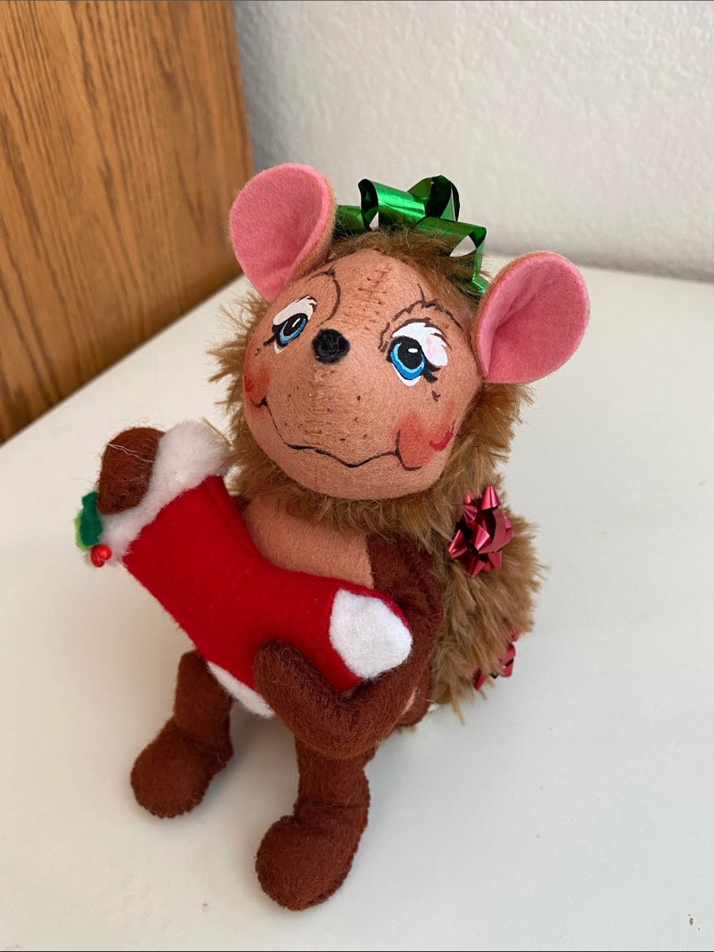Annalee 6” Cozy Christmas Hedgehog Doll Bows Red Stocking Holiday Collectible